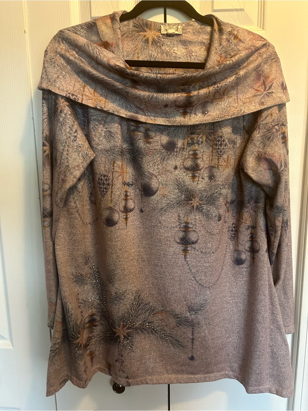 One World Women's Draped Cowl Neck Sweater - Dusty Plum with Gold Accents